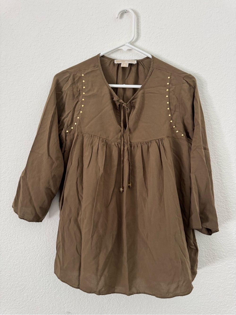 MICHAEL Michael Kors Khaki Brown Tie-Neck Peasant Blouse with Stud Details